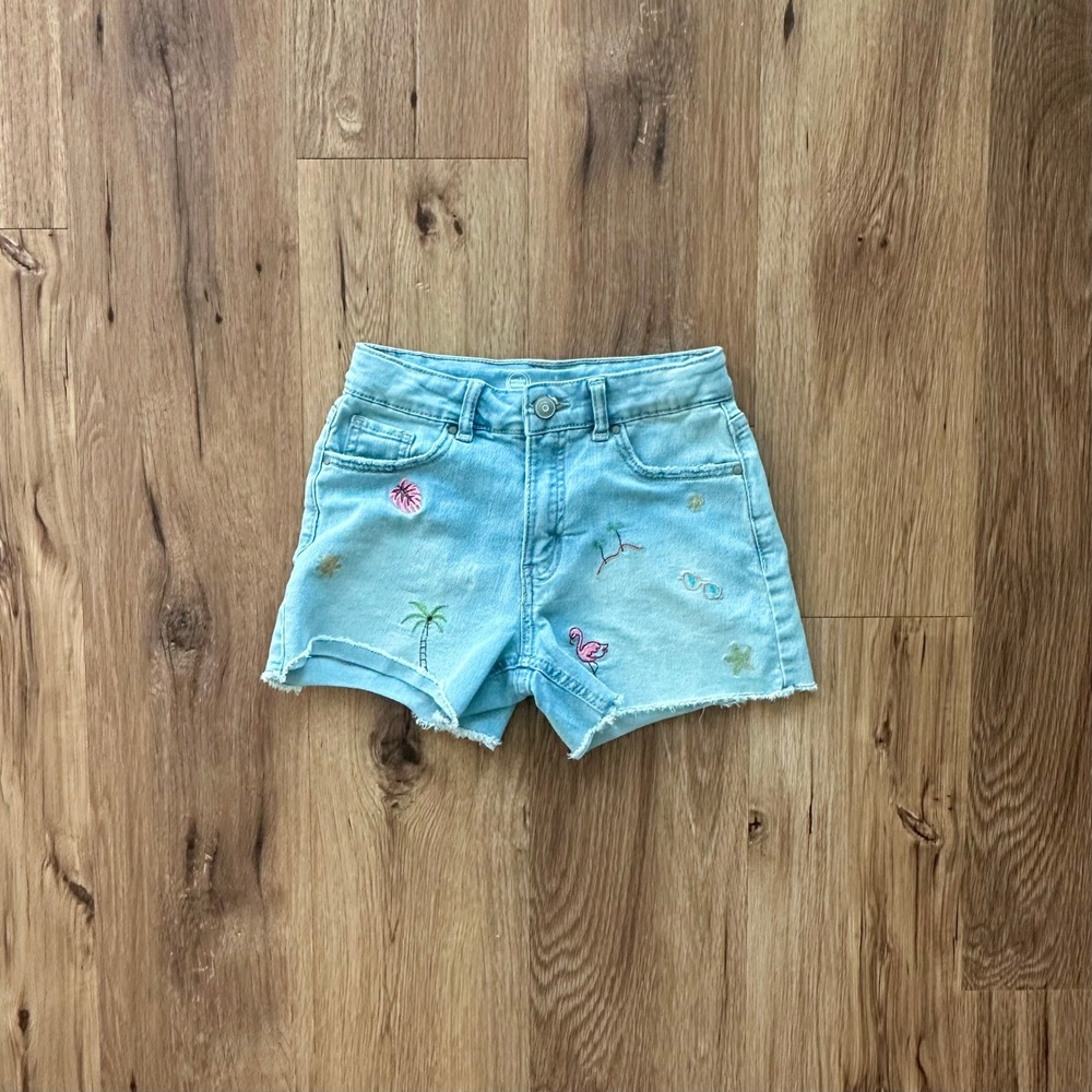 Wonder Nation Girls Light Wash Denim Shorts Tropical Flamingo Palm Tree Size 8
